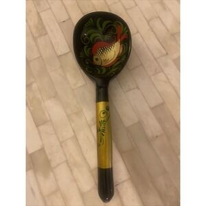 KHOKHLOMA Wooden Spoon Hand Painted RUSSIAN‎ Lacquer Black Red & Gold VINTAGE